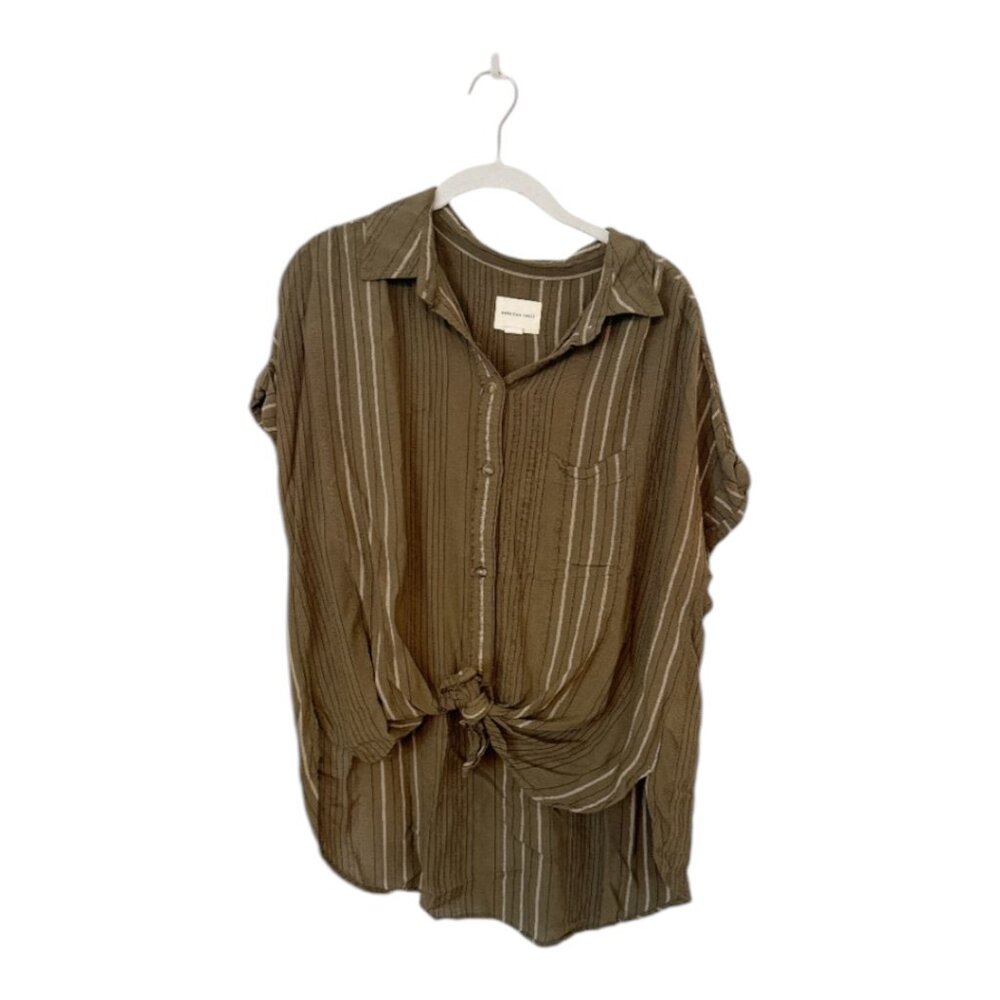 American Eagle Olive Green Striped Round Hem Button Down Shirt Medium Women’s